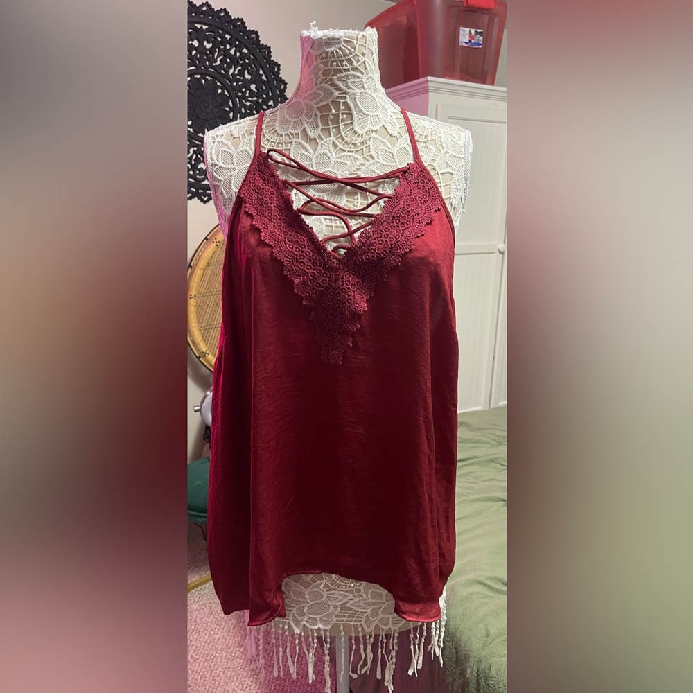 Maurices Burgundy Lace Trim Halter Top
